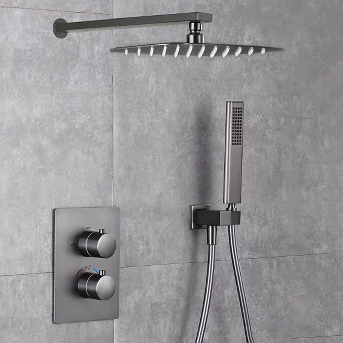 Thermostatic Shower System Gun Grey, Luxury Square Rainfall Shower Head with Handshower, Wall Mounted Bathroom Brass Shower Faucet Set Brushed