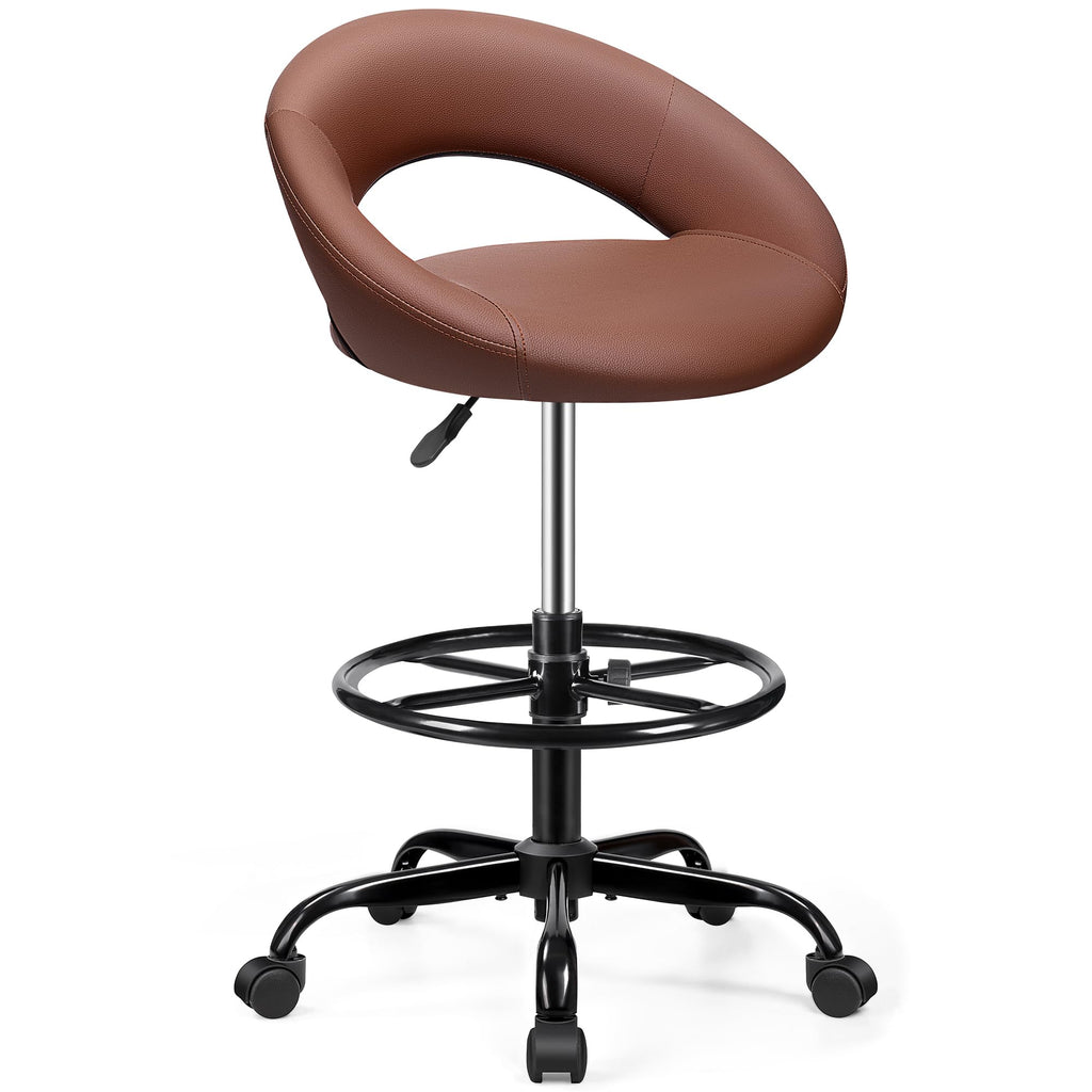 Bestfair Drafting Chair with Footrest, Height Adjustable Rolling Shop Stool, 1 Pack, Brown