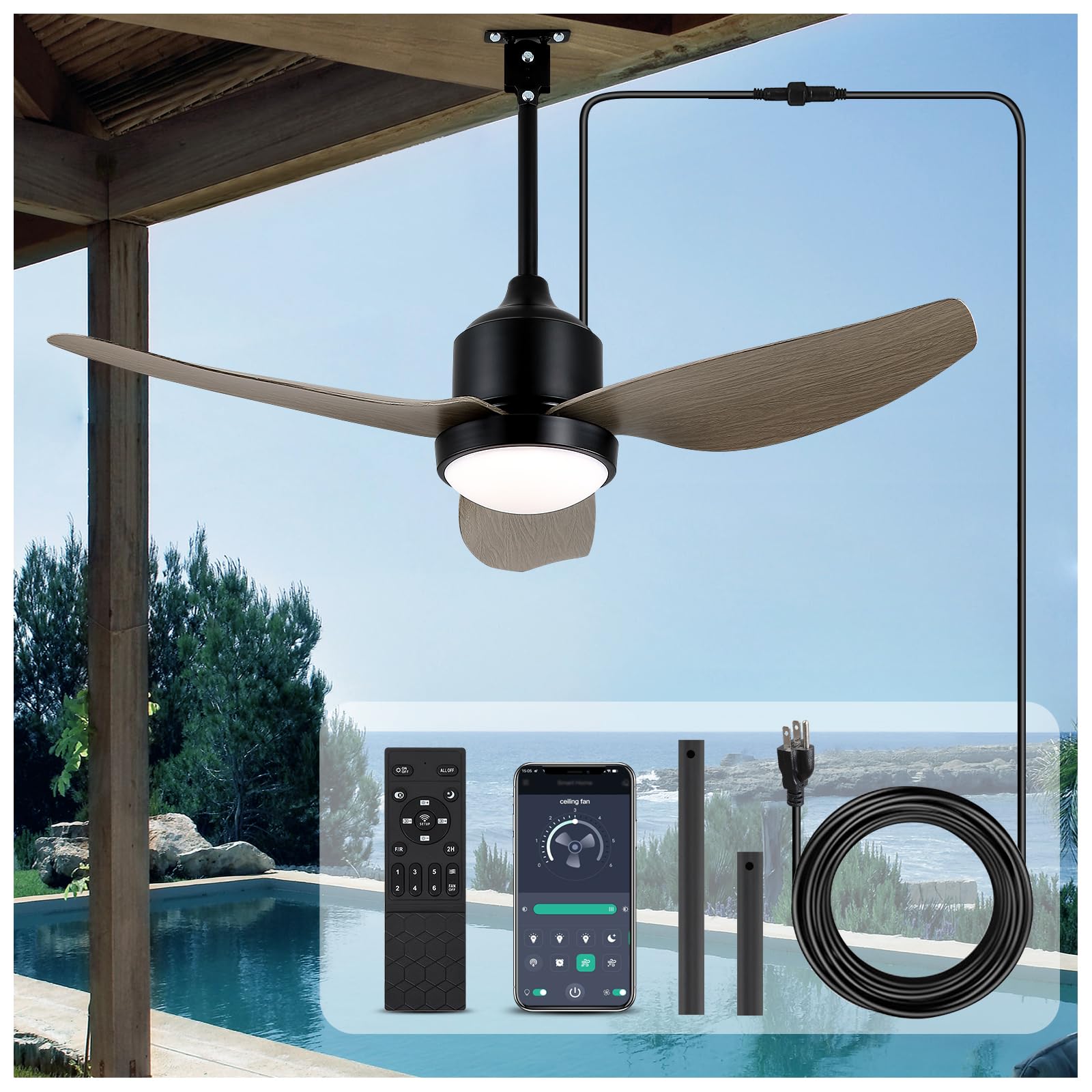 nebulium 42" Outdoor Ceiling-Fan with Light: Waterproof Plug-in Ceiling Fan, App/Remote Control, Dimmable 3CCT LED Lights, 6 Speed Quiet DC Motor, for Porch Patios