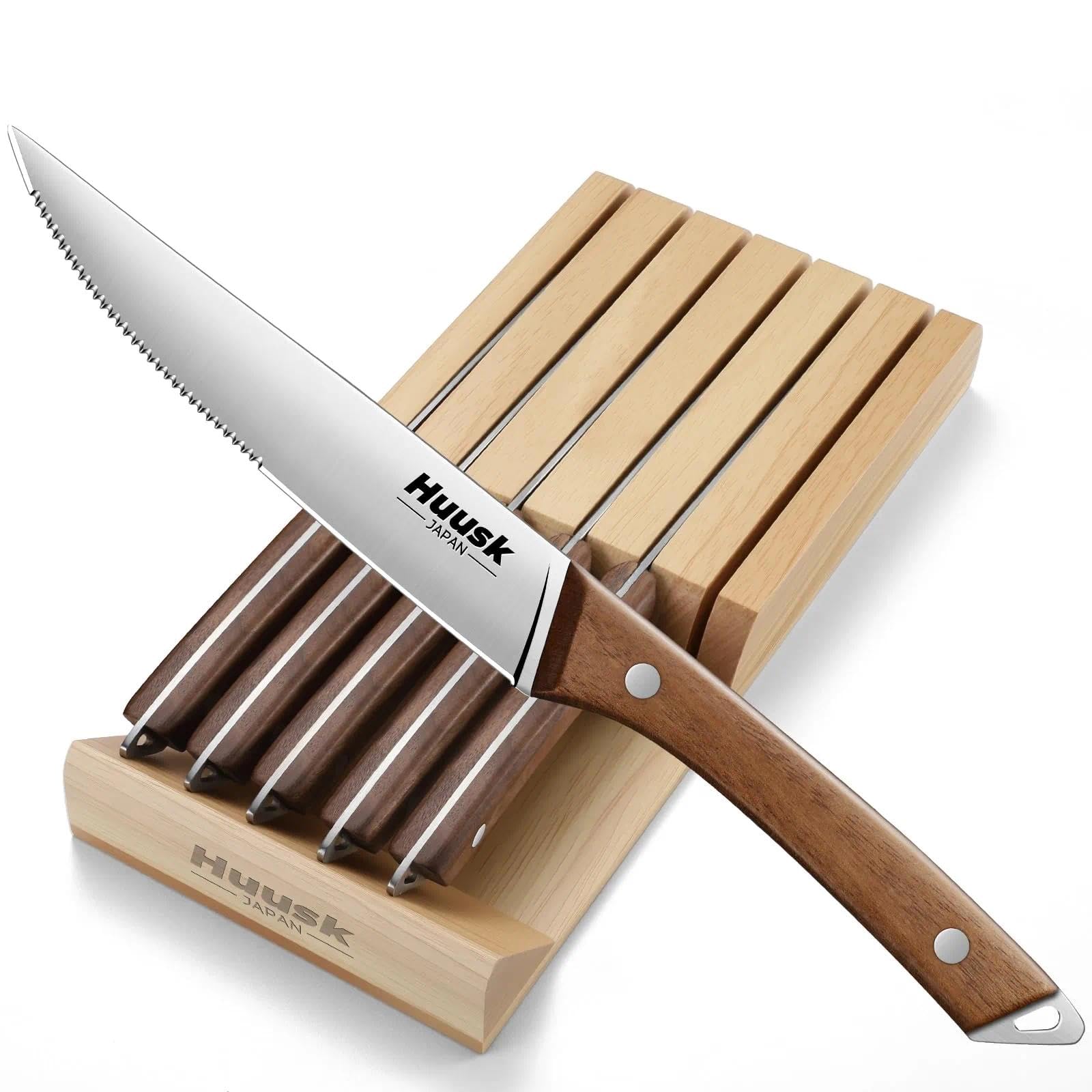Huusk Steak Knives Set of 6 with Drawer Organizer-4.5 in Japanese Serrated Steak Knife Set with Block, Serrated & Straight Dual-Edge, Stainless Steel Steaks Knives with Holder, Gifts Idea for Men