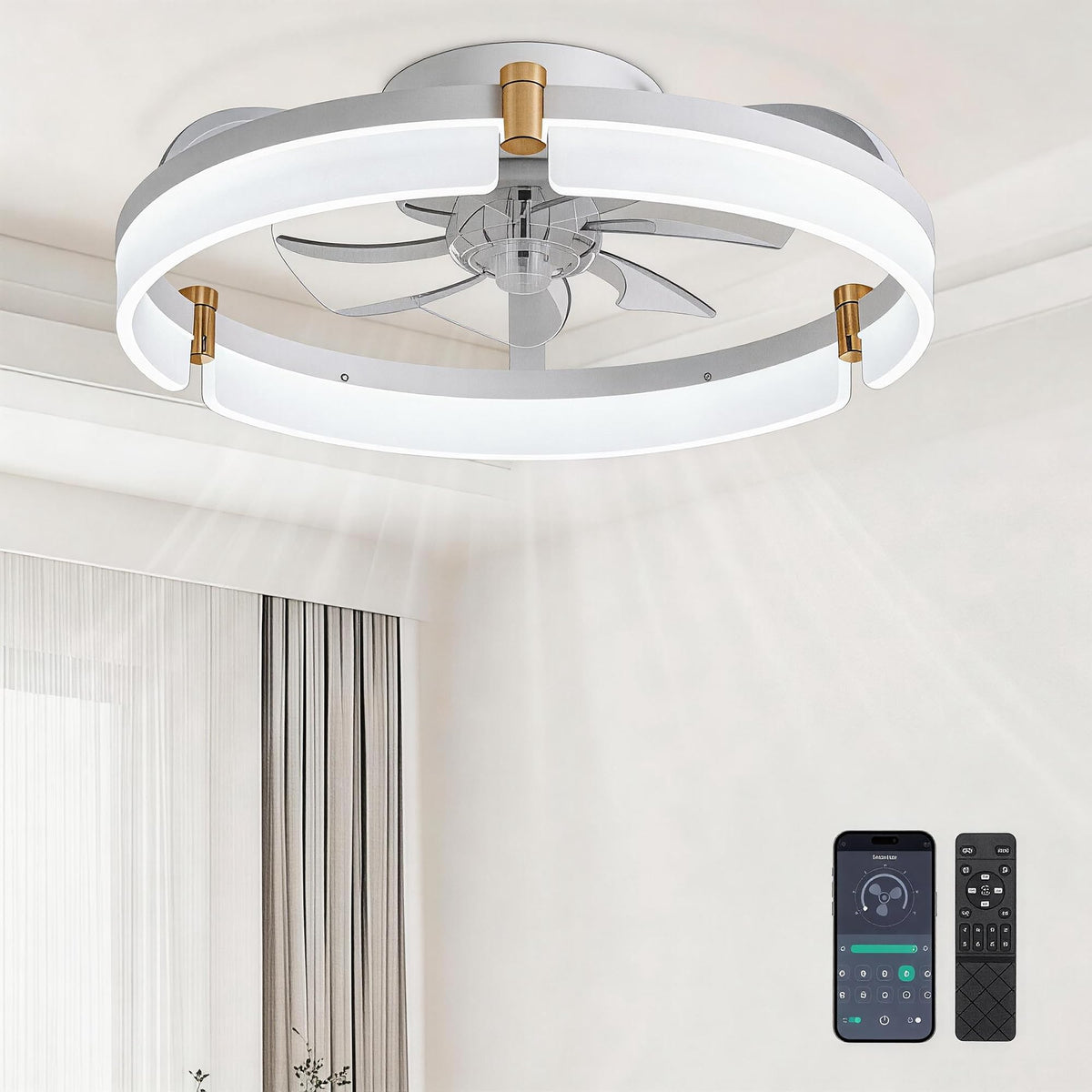 Ceiling Fans with Lights and Remote Fandelier - White 20'' Flush Mount Low Profile Modern Ceiling Fans for Bedroom - Stepless Color Temperature and 6 Speeds, White