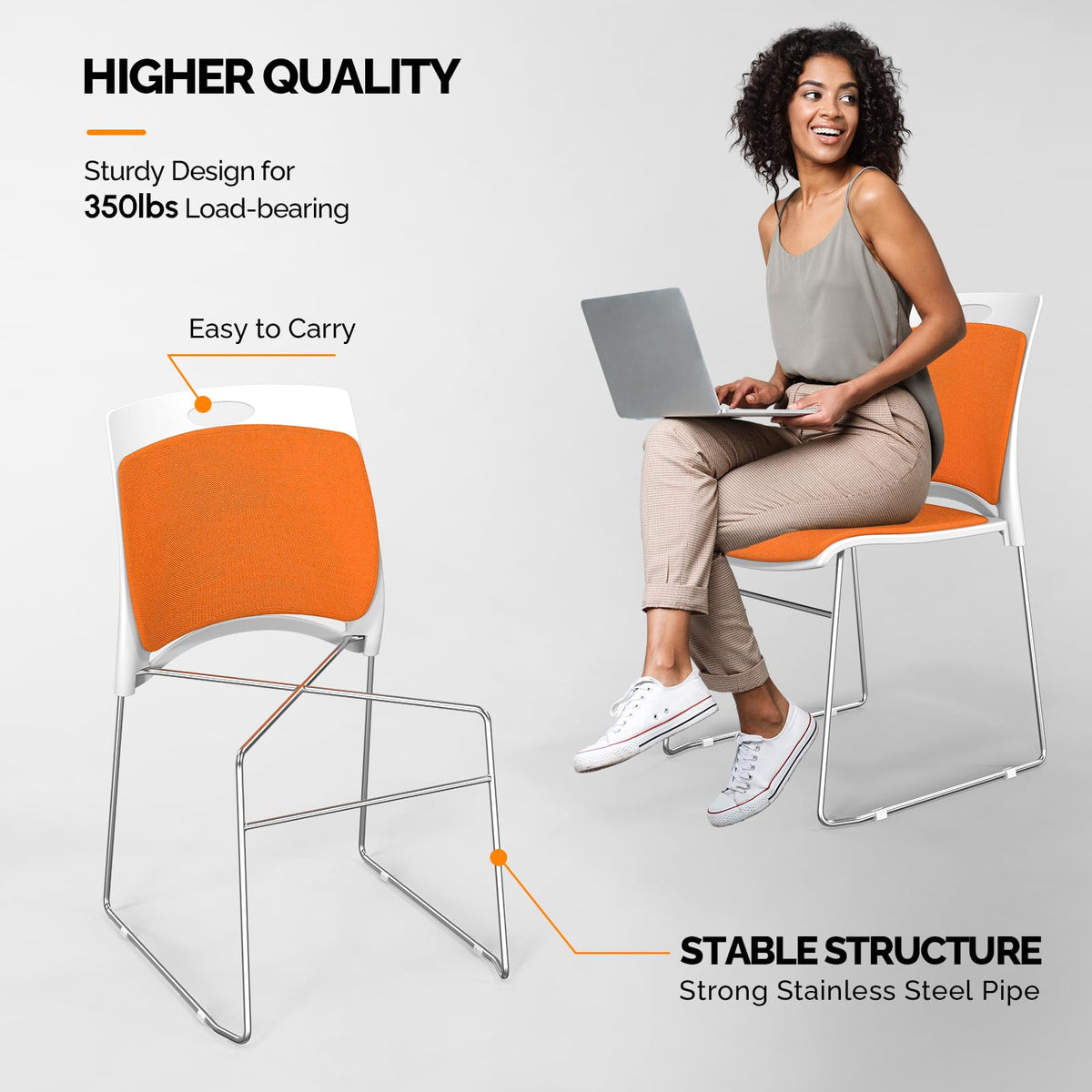 Vingli Stackable Plastic Mesh Padded Chairs for Office Set of 8, Orange, 8 Pack
