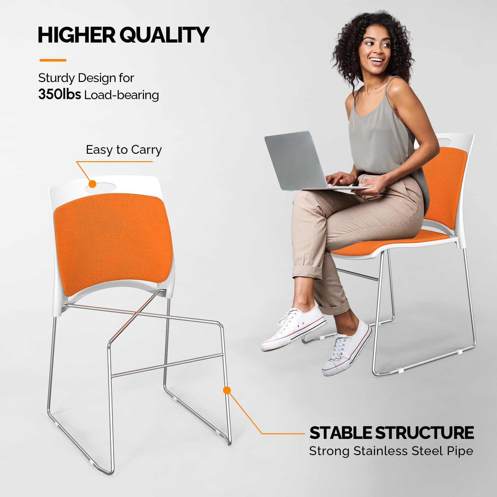 Vingli Stackable Plastic Mesh Padded Chairs for Office Set of 4, Orange, 4 Pack
