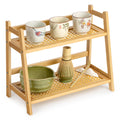 ANBOXIT Rattan-Look Matcha Station Organizer, Countertop Bamboo Tea & Coffee Accessories Station Organizer, 2 Tier Mug Holder Display Stand for Kitchen Condiment, Home, Office