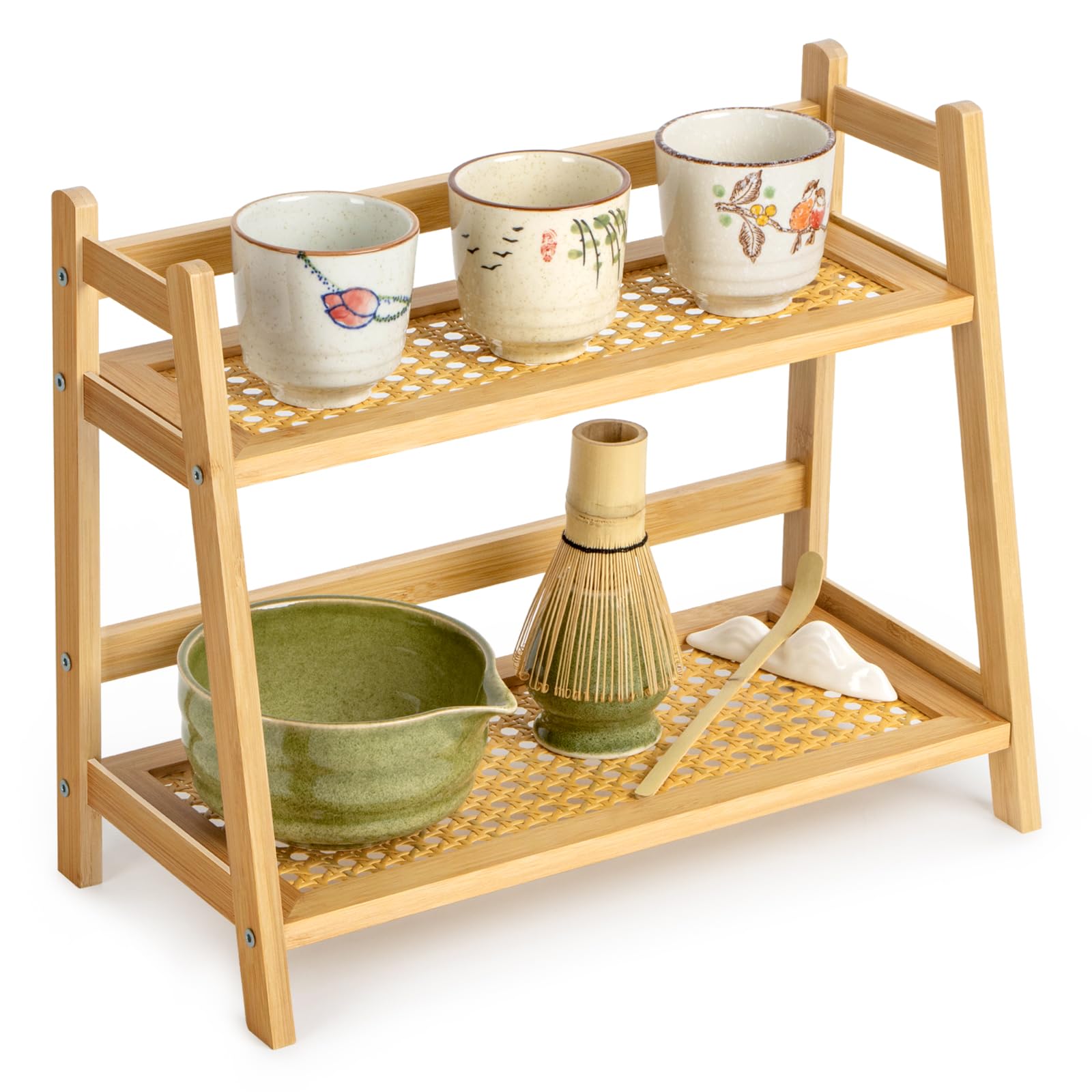 ANBOXIT Rattan-Look Matcha Station Organizer, Countertop Bamboo Tea & Coffee Accessories Station Organizer, 2 Tier Mug Holder Display Stand for Kitchen Condiment, Home, Office