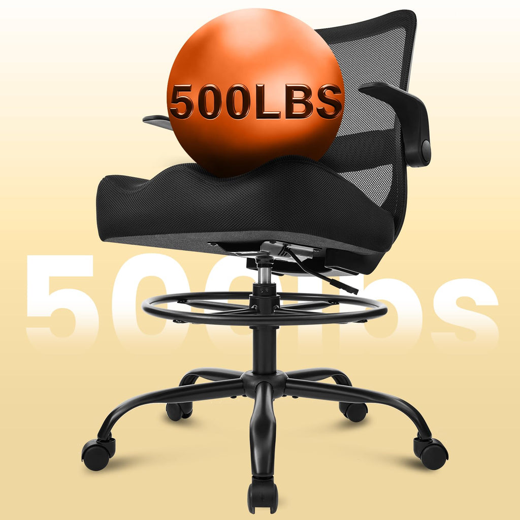 Kwksv Drafting Chair for Standing Desks, 500lbs Capacity Tall Office Chair with Adjustable Height, Foot Ring, Flip-up Armrests, Thick Curved