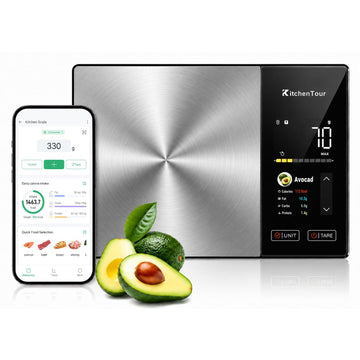 KitchenTour Smart Food Scale with Nutritional Calculator, Bluetooth App for Calorie & Macro Tracking, 24 Nutrients, 11lb/1g Stainless Steel Kitchen Scale