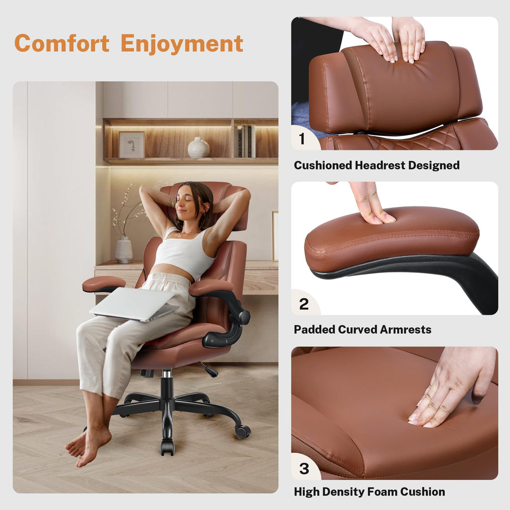 Office Chair Flip Up Arms, Executive Leather Office Chair Ergonomic Desk Chair with Lumbar Support, Adjustable Headrest, Computer Chair Home