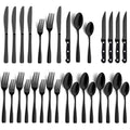 BEWOS 24 Piece Black Silverware Set - Service for 4 - Stainless Steel Silverware Set with Steak Knives, Mirror Polished Includes Knives, Forks and Spoons, Dishwasher Safe, Flatware Set for Restaurant