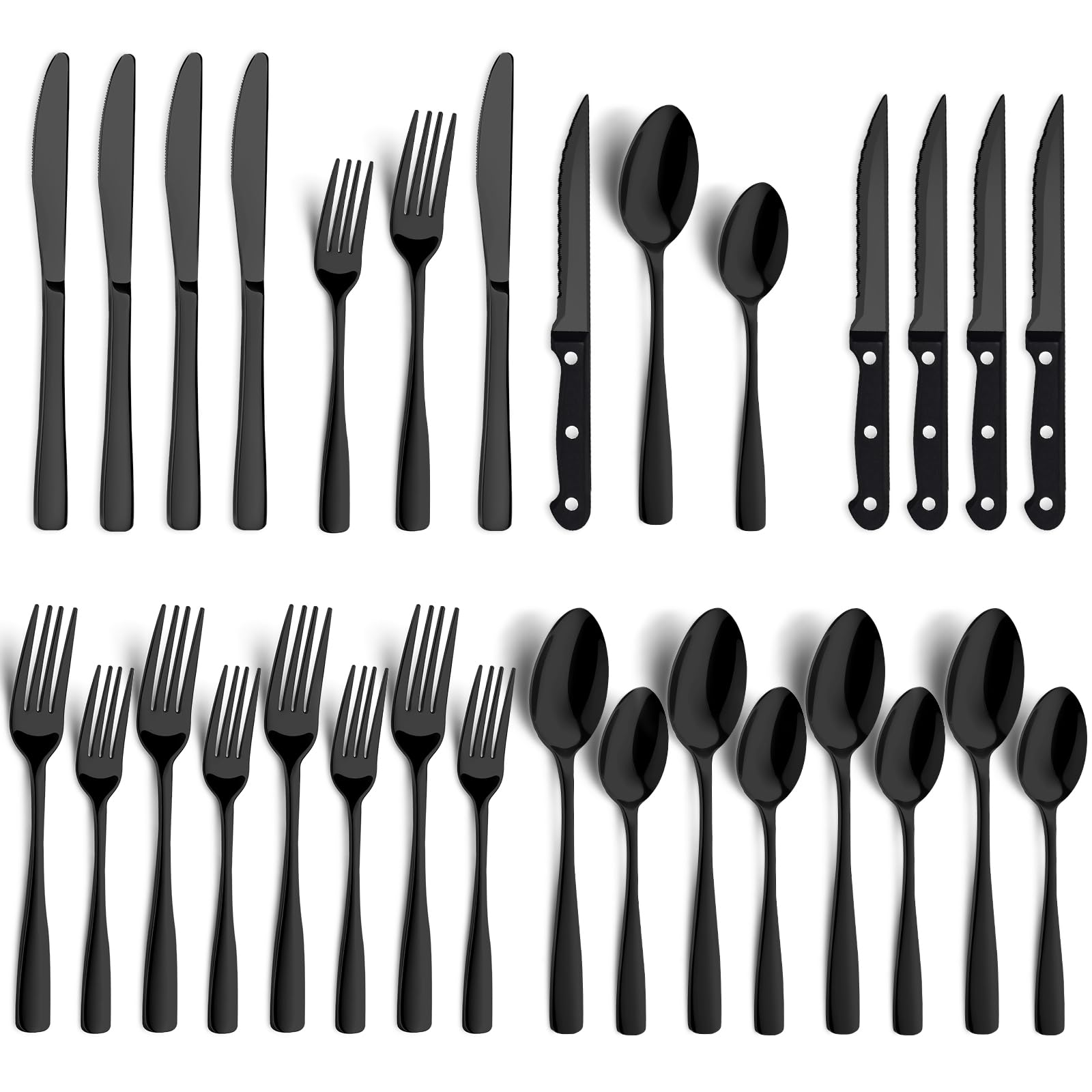BEWOS 24 Piece Black Silverware Set - Service for 4 - Stainless Steel Silverware Set with Steak Knives, Mirror Polished Includes Knives, Forks and Spoons, Dishwasher Safe, Flatware Set for Restaurant