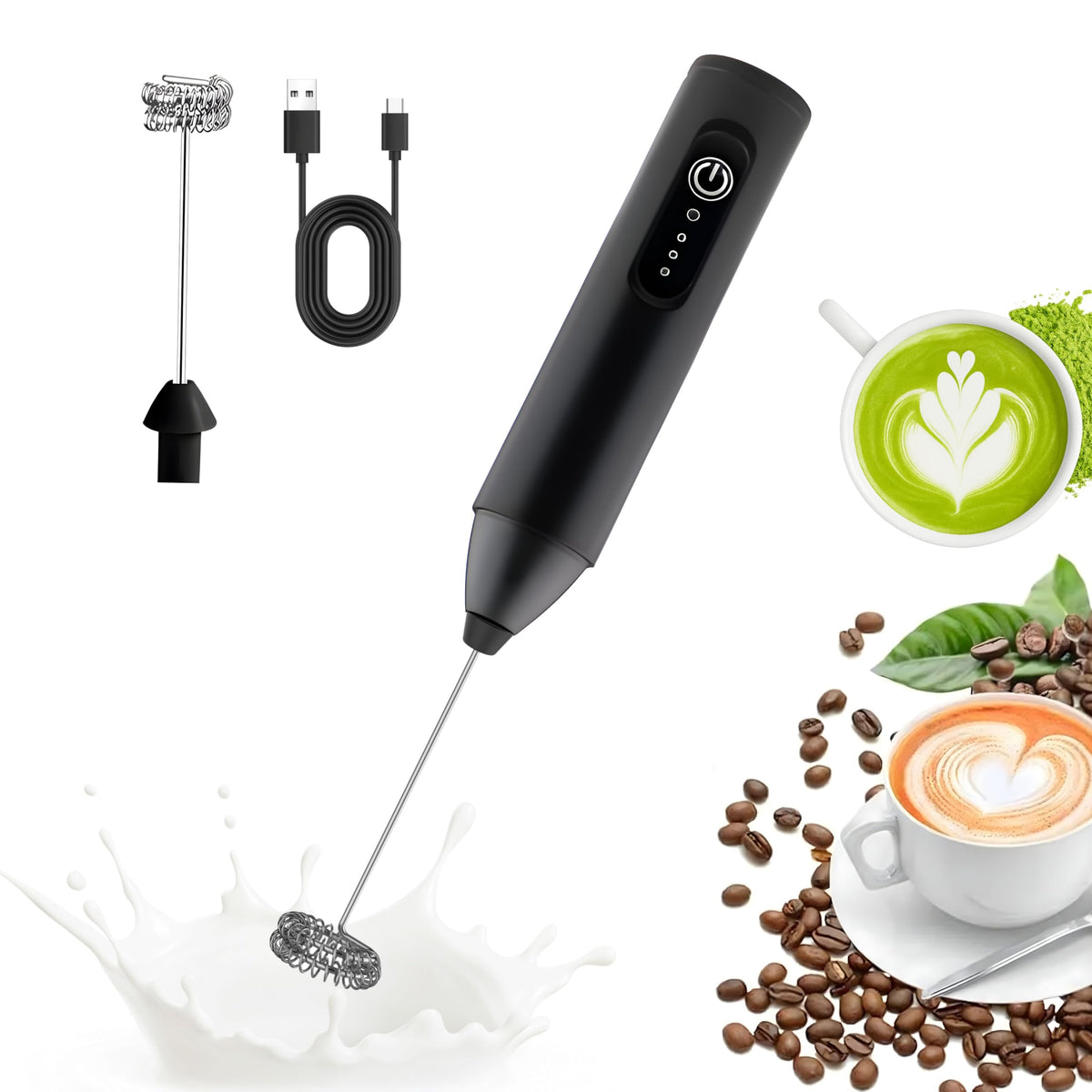 Milk Frother for Coffee – Handheld Electric Foam Maker with Stainless Steel Whisk, Portable & Powerful, Drink Mixer Handheld Electric Stirrer for Latte, Cappuccino, Matcha, Almond Milk, Protein
