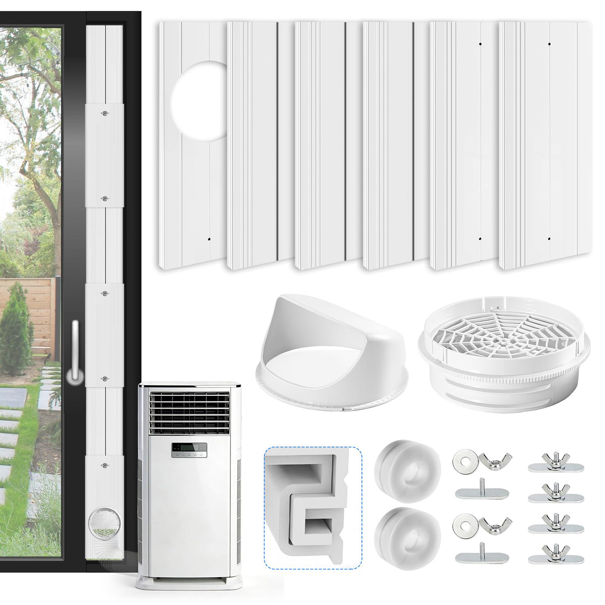 Portable AC Door Vent Seal Kit (No Hose) with Rain Cover - 6 Panel Adjustable Length 17" to 90", Fits Sliding Door & Windows, Universal for LG Whynter Haier 99% Portable AC, Replacement Panel Kit