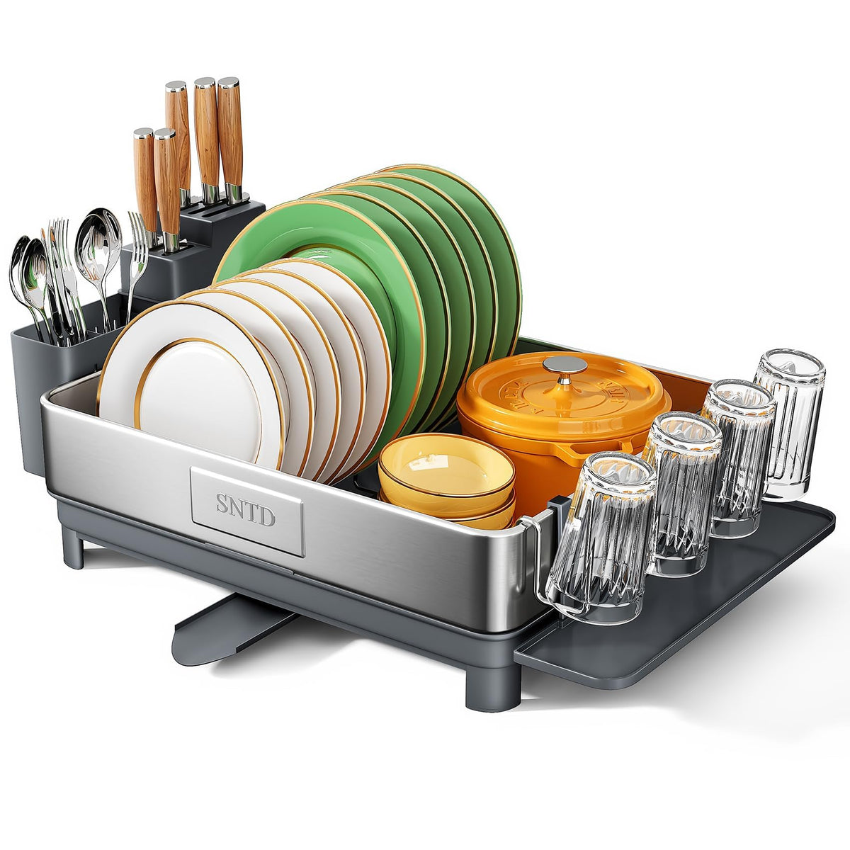 SNTD 304 Stainless Steel Dish Drying Rack for Kitchen Counter - Rust Resistant Dish Drainer with Angled Drainboard, Removable Cup & Utensil Holder, Large Capacity for Apartment & Small Space (Grey)
