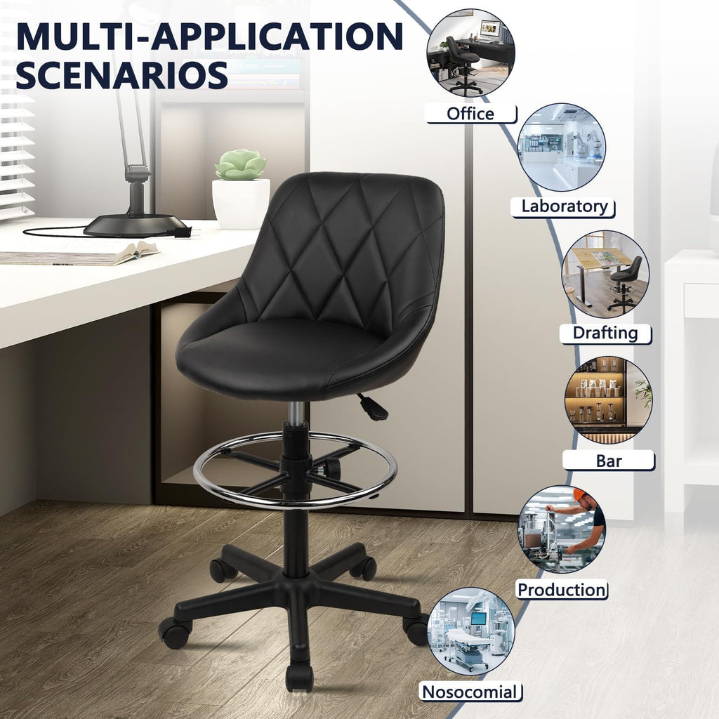 Klasika Drafting Chair with Backrest and Wheels, Set of 2 Adjustable Footrest Height Rolling Stool, Pu Leather Tall Swivel Chairs Work Shop