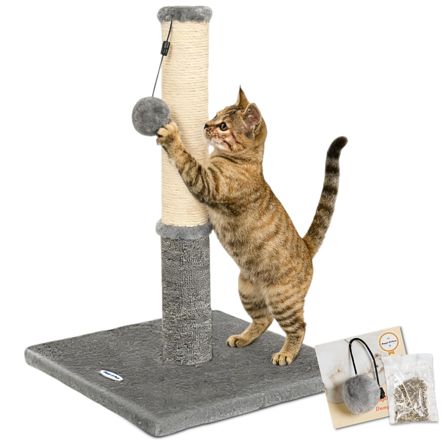 Happi N Pets Cat Scratching Post, Cat Scratcher for Indoor Cats, Sisal Scratching Post & Carpet Post in One, Stable Kitten Scratching Post with Replaceable Toy, Extra Free Toy, Light Gray