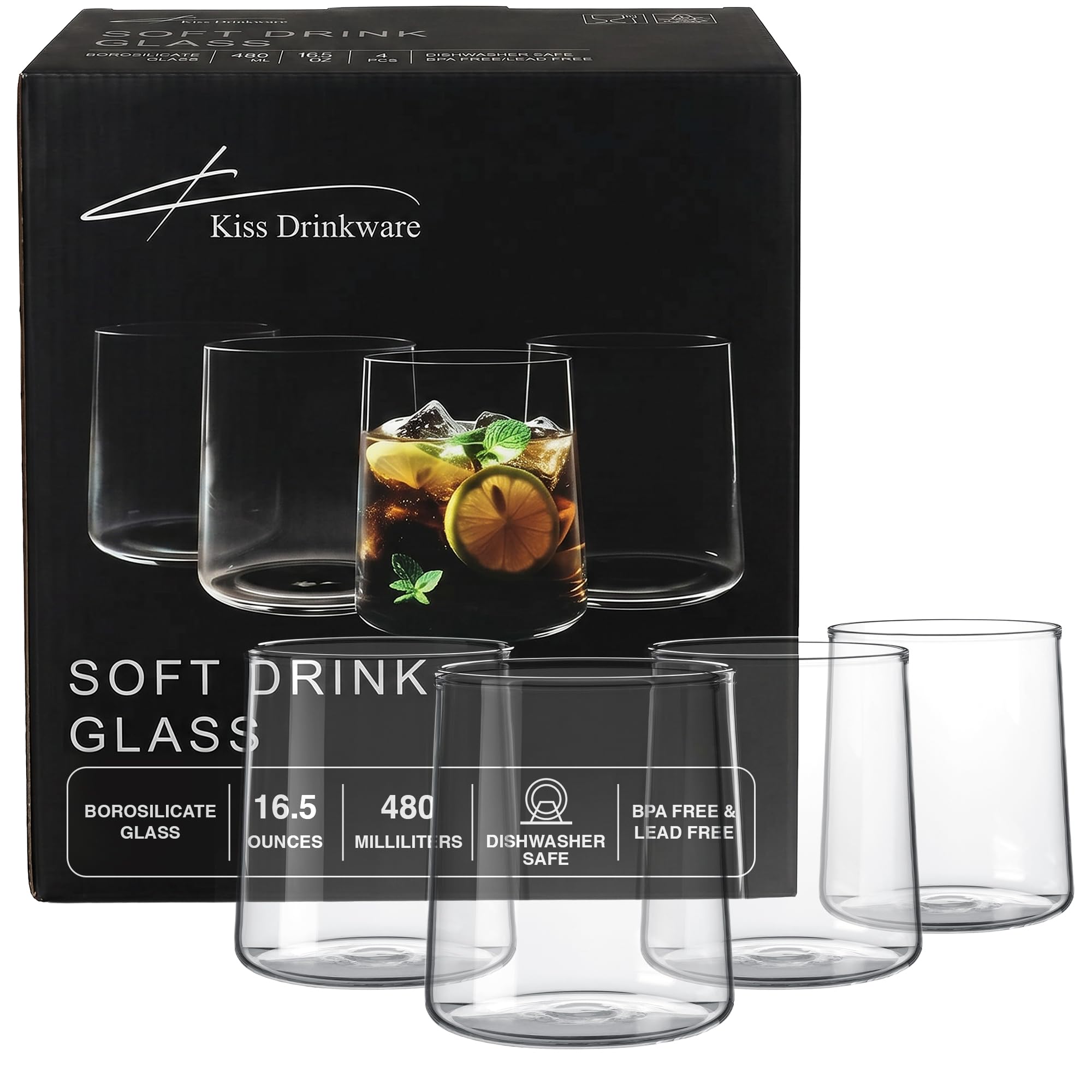 Joseph Sedgh Collection Clear Glass Tumbler Set of 4 – 16.5 oz Borosilicate Drinking Glasses – Durable, Lead-Free, Dishwasher Safe – Modern Water, Juice, Cocktail Glasses