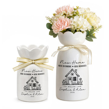 Personalized First Home Ceramic Flower Vase, Custom Housewarming Gift for New Homeowners, Moving in Gift for Couple, Newlywed Home Decor Keepsake