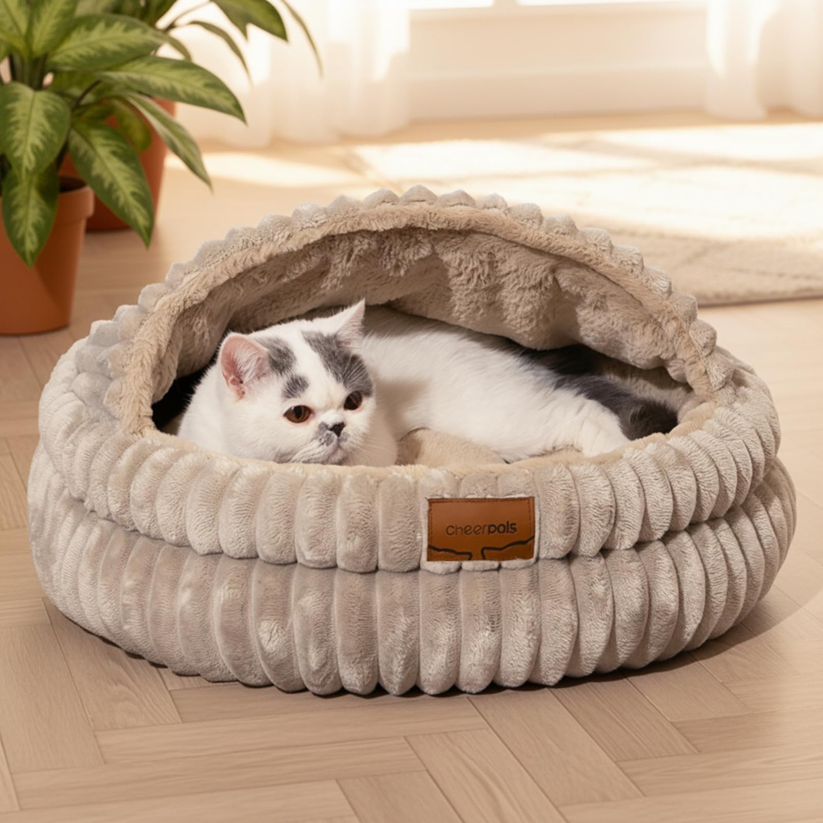CHEERPALS Cat Cave Bed for Indoor Cats, Washable Covered Cat Bed Hooded Kitty Bed Soft Fluffy Pet Bed for Puppy and Small Dog(Khaki)