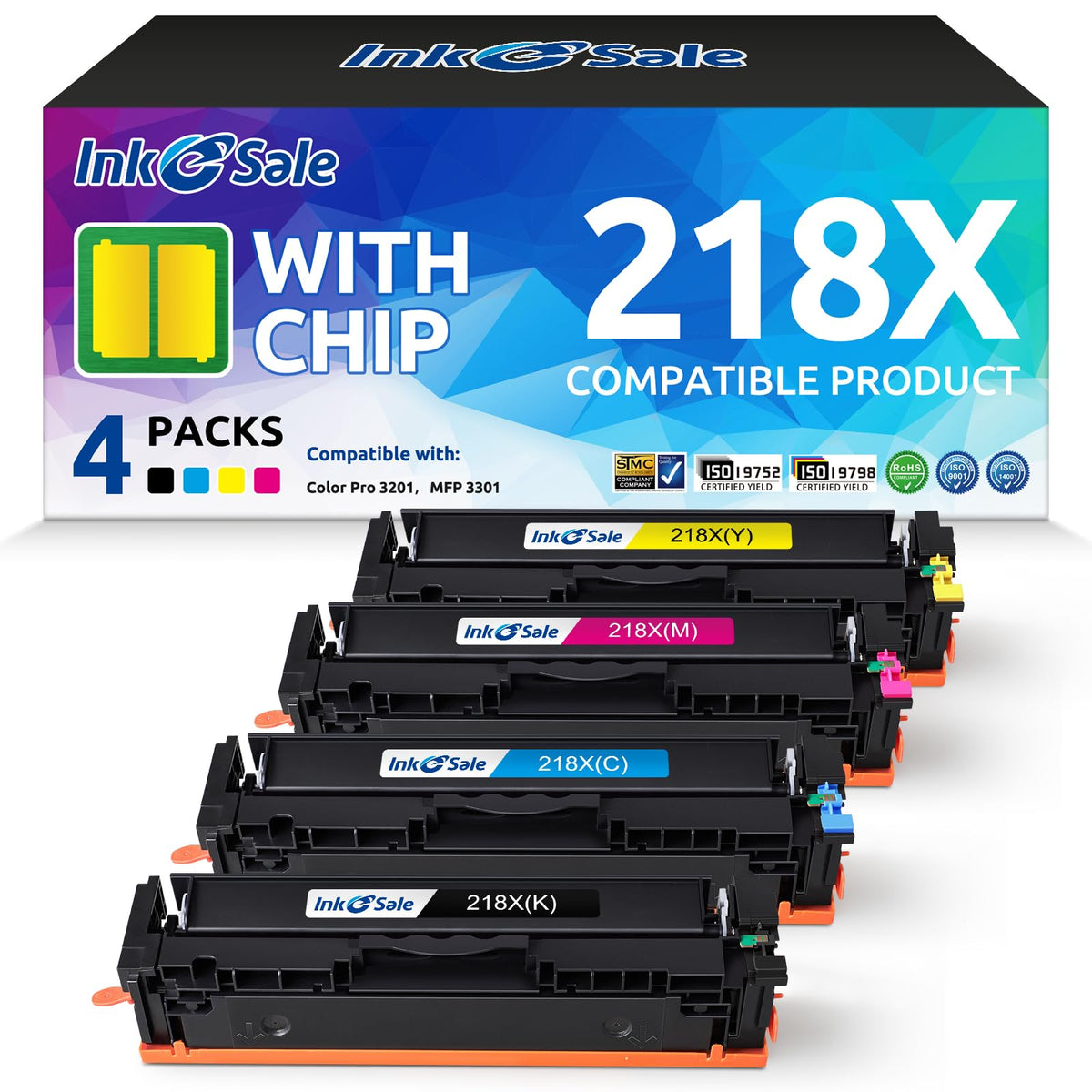 218X Toner Cartridge 4 Pack High-Yield with Chip Compatible Replacement for HP 218X W2180X W2181X W2182X W2183X 218A Works with Color Pro 3201 3201dw MFP 3301 3301cdw 3301fdw 3301sdw Printer