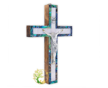 Decorative Mother of Pearl wall cross handmade in the Holy Land | olive wood wall crucifix | Catholic wooden cross | Made by Christians in the Holy Land | Religious gift for baptism or Comminion