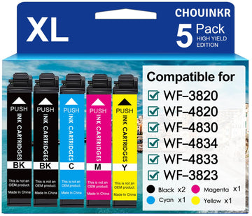 Remanufactured Replacement for Epson 822 822xl Ink Cartridges Combo Pack Use with WF-3820 WF-3823 WF-4820 WF-4830 WF-4834 WF-4833 Printer (5 Pack, 2 Black Cyan Magenta Yellow)