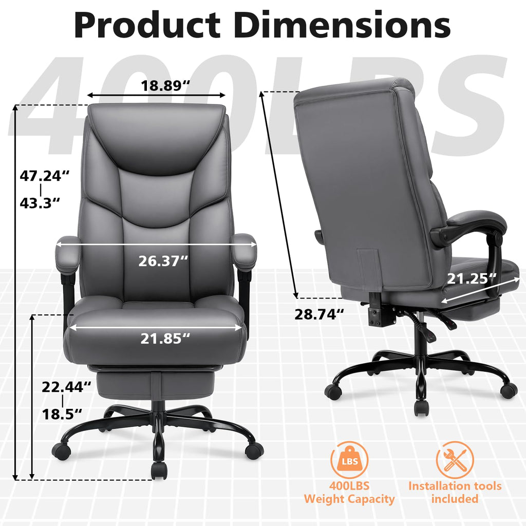Wailor 400lbs Office Chair with Foot Rest, Reclining Big and Tall Office Chair with Lumbar Support, High Back Pu Leather Computer Chair,comfy