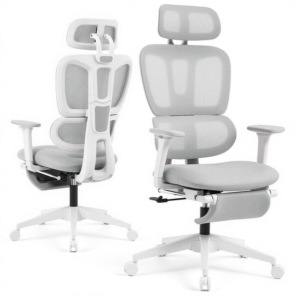 Ergonomic Office Chair with Footrest and Dynamic Lumbar Support, Grey, High Back, Light Grey