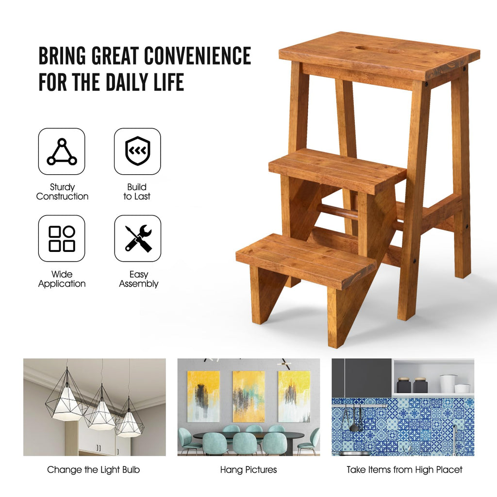 Costzon Folding 3 Step Stool, 3 in 1 Wooden Step Ladder with Handle, Non-slip Pedal, Multifunctional Storage Shelf, Flower Rack for Kitchen,