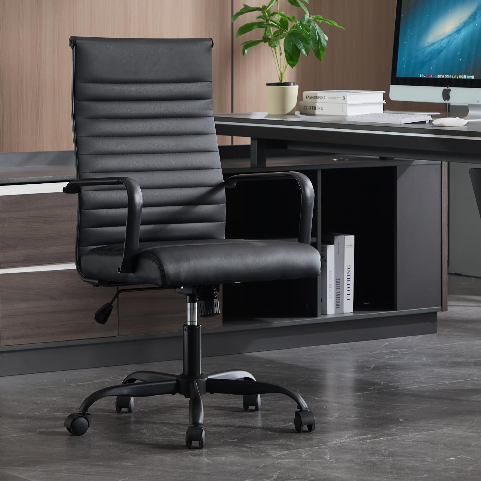 Haranuo Office Chair, Ergonomic Executive Conference Room Chairs, Ribbed Leather Desk Chair with Lumbar Support, Adjustable Height Mid-back