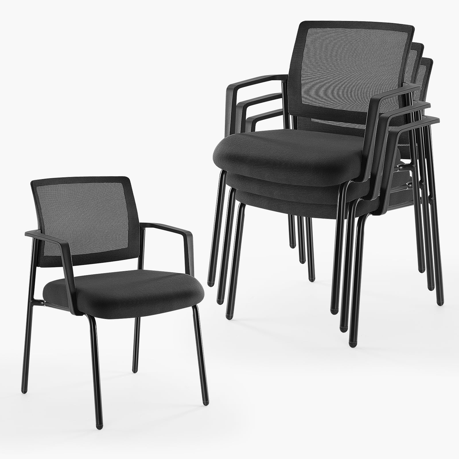 Dumos Stacking Arm Chairs 4 Pack, Mesh Office Guest Reception Chairs, Black