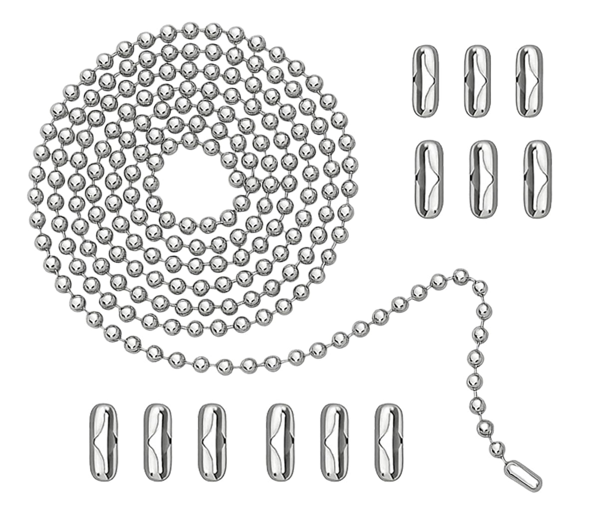 120" Ceiling Fan Pull Chain Extender - Stainless Steel Ball Chain with 12 Connectors, Adjustable Length for Fan/Light Fixtures, Lamp, Curtains, Dog Tags (3mm Bead Diameter, Cut-to-Size)