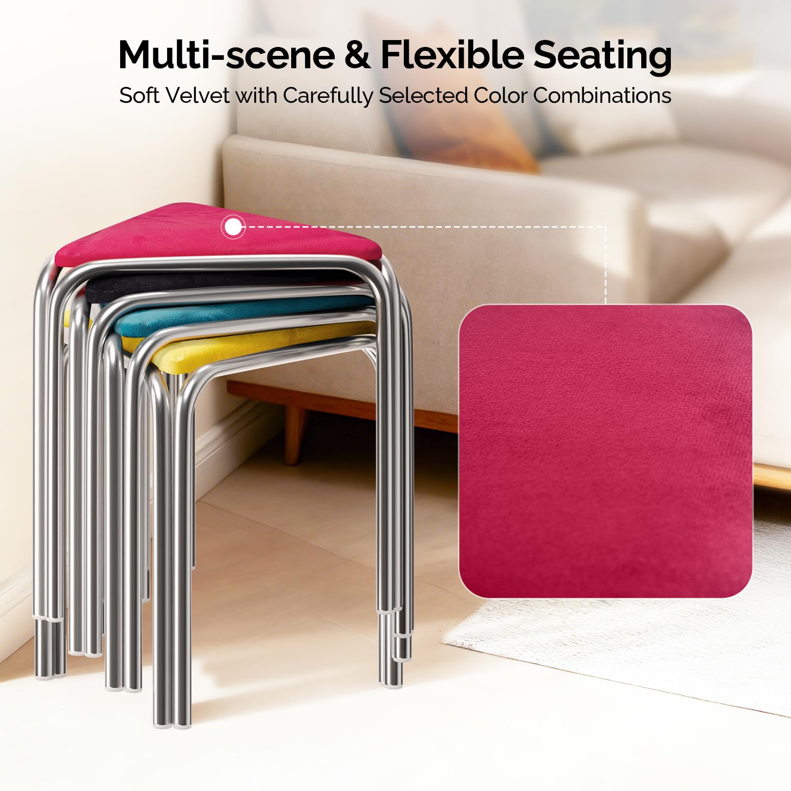 Vingli 18 Inch Stackable Triangular Stools 6 Pack, Colorful Velvet Padded, 6 Colors