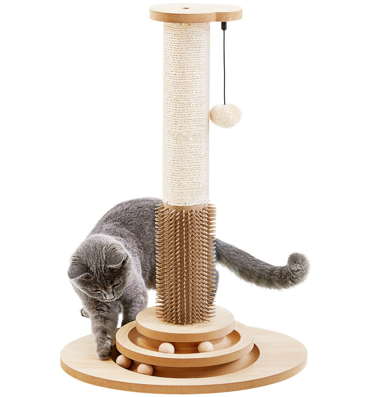 Made4Pets Cat Scratching Post, 23" Tall Sisal Cat Scratcher Post with Self Groomer, 4-in-1 Interactive Trackball Toys with Hair Brush, Vertical Cat Climbing Tree with Dangling Plush Balls