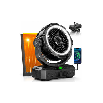 Rechargeable Solar Powered Camping Fan & Auto Oscillating, ?60H Runtime?Battery Powered Fan, Portable Outdoor Fan,5 Speeds,3 Lights,12H Timer for Travel, Fishing,Jobsite,Beach,Camping Essential