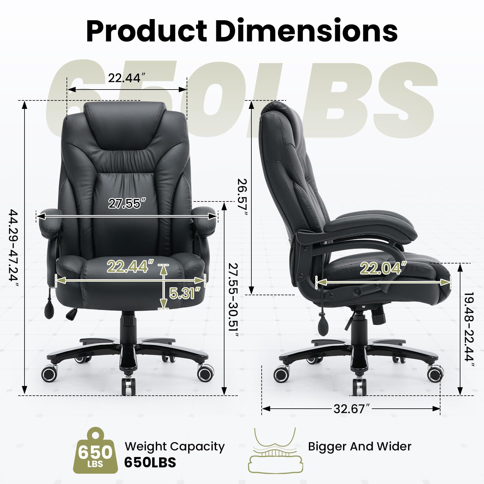 650lbs Big and Tall Office Chair for Heavy People,ergonomic High Back Pu Leather Computer Chair with Adjustable Lumbar Support,comfy Executive