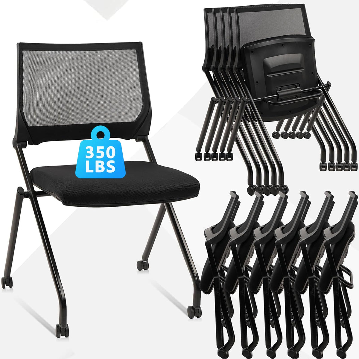 Clatina Stackable & Foldable Conference Room Chairs, Waiting Room Chairs with Wheels & Lumbar Support, Ergonomic Mesh Bouncing Back Folding