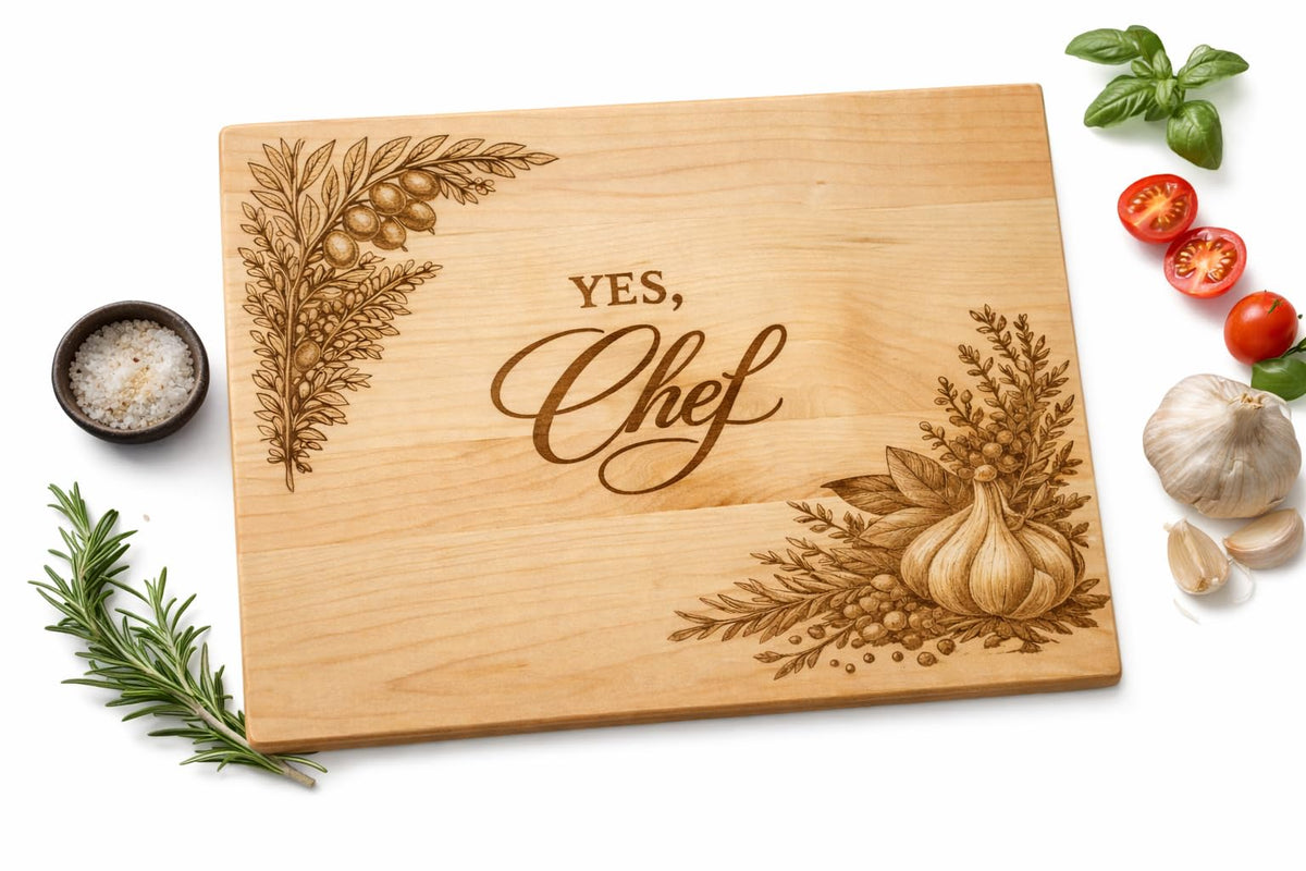 "Yes Chef" Maple Cutting Board, Engraved Botanical Design, Reversible, Handmade in the USA. Pre-Seasoned for Serving or Daily Prep