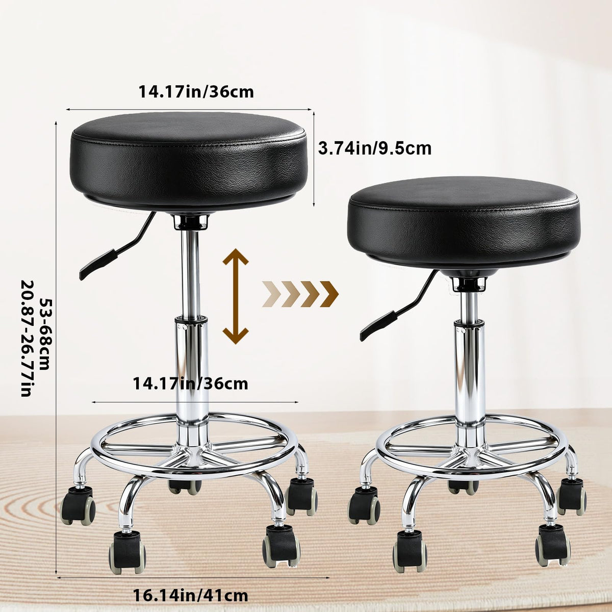 Limkomes 500lb Heavy-duty Adjustable Stool with Wheels, Round Rolling Chair, 22.44 in x 22.44 in x 10.23 in, Black
