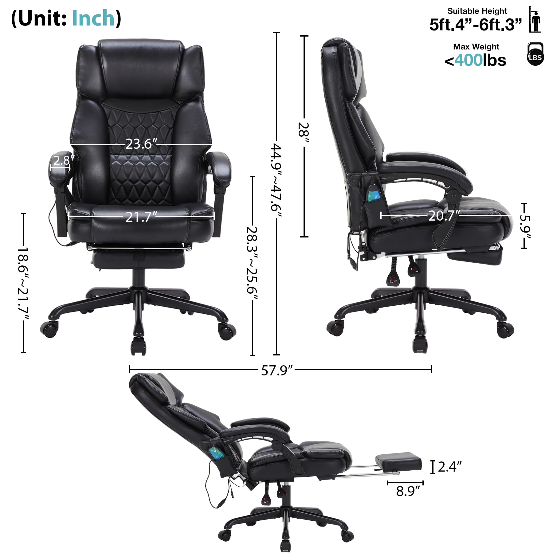 Massage Office Chair with Foot Rest 6 Points Vibration and Heat Home Office Desk Chairs for Heavy People 400lbs Reclining Managerial Chairs