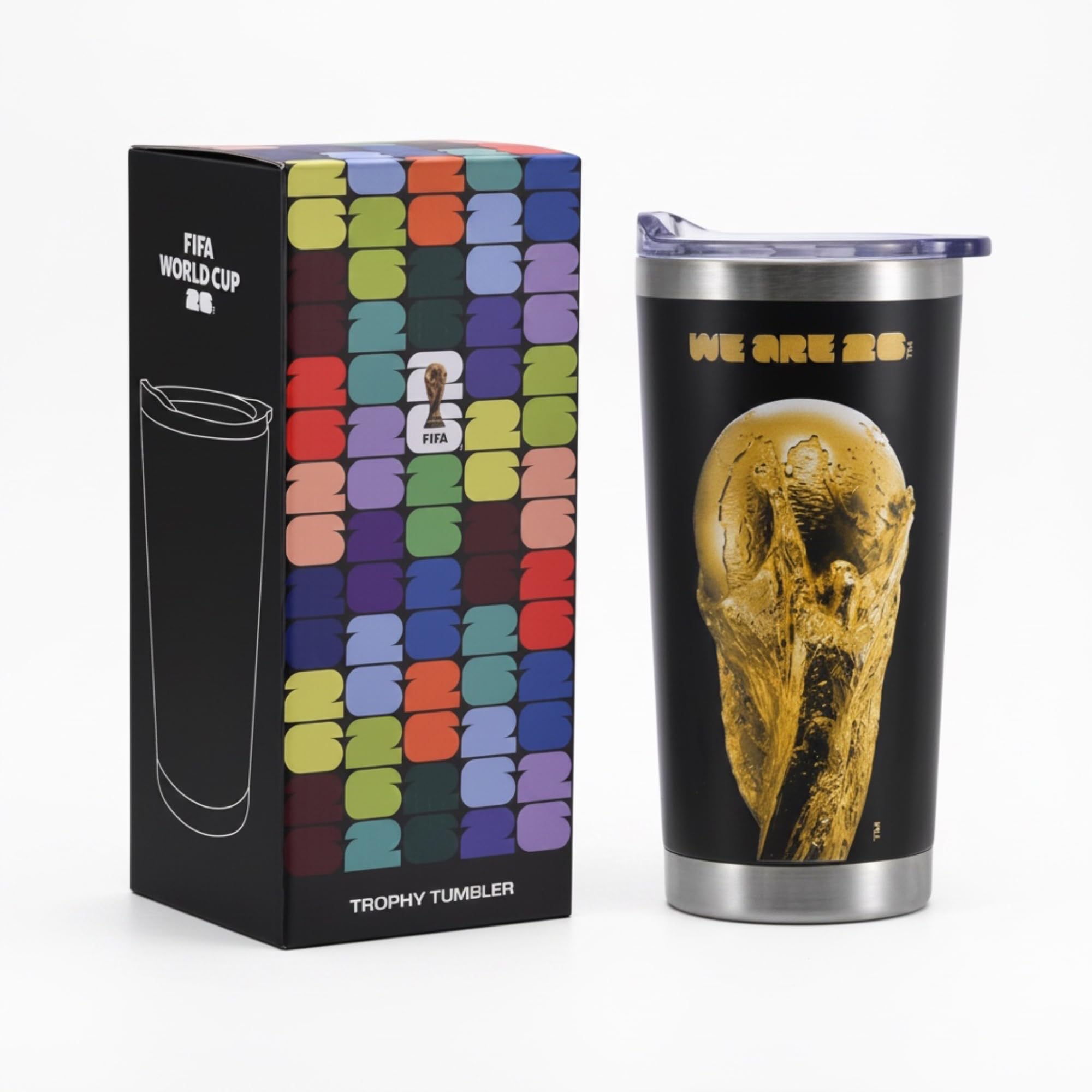 Official FIFA World Cup 2026 Trophy Tumbler – 18oz Insulated Stainless Steel Travel Mug – “We Are 26” Gold Emblem – Double Wall Vacuum Coffee Cup for Hot & Cold Drinks – Black/Gold