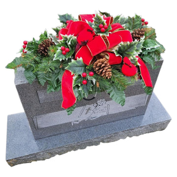 Headstone Saddle with Holly, 2 Red Birds, Pinecones, and Red Velvet Ribbon - Christmas Memorial Decoration - Artificial Grave Flowers