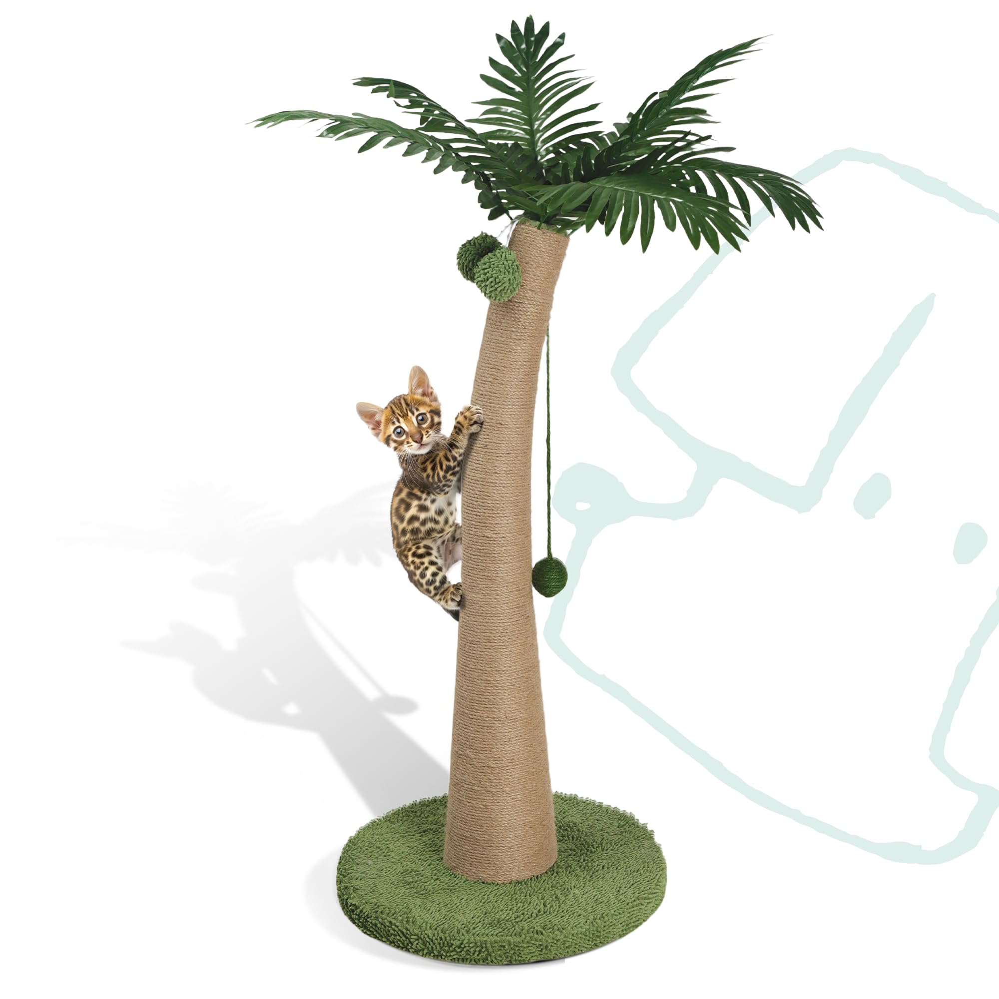 33" Tall Cat Scratching Post, Natural Jute Cat Scratcher for Indoor Cats, Coconut Tree Design with Hanging Toy Ball & Rest Platform, Stable Furniture Protector for Kittens & Adult Cats, L