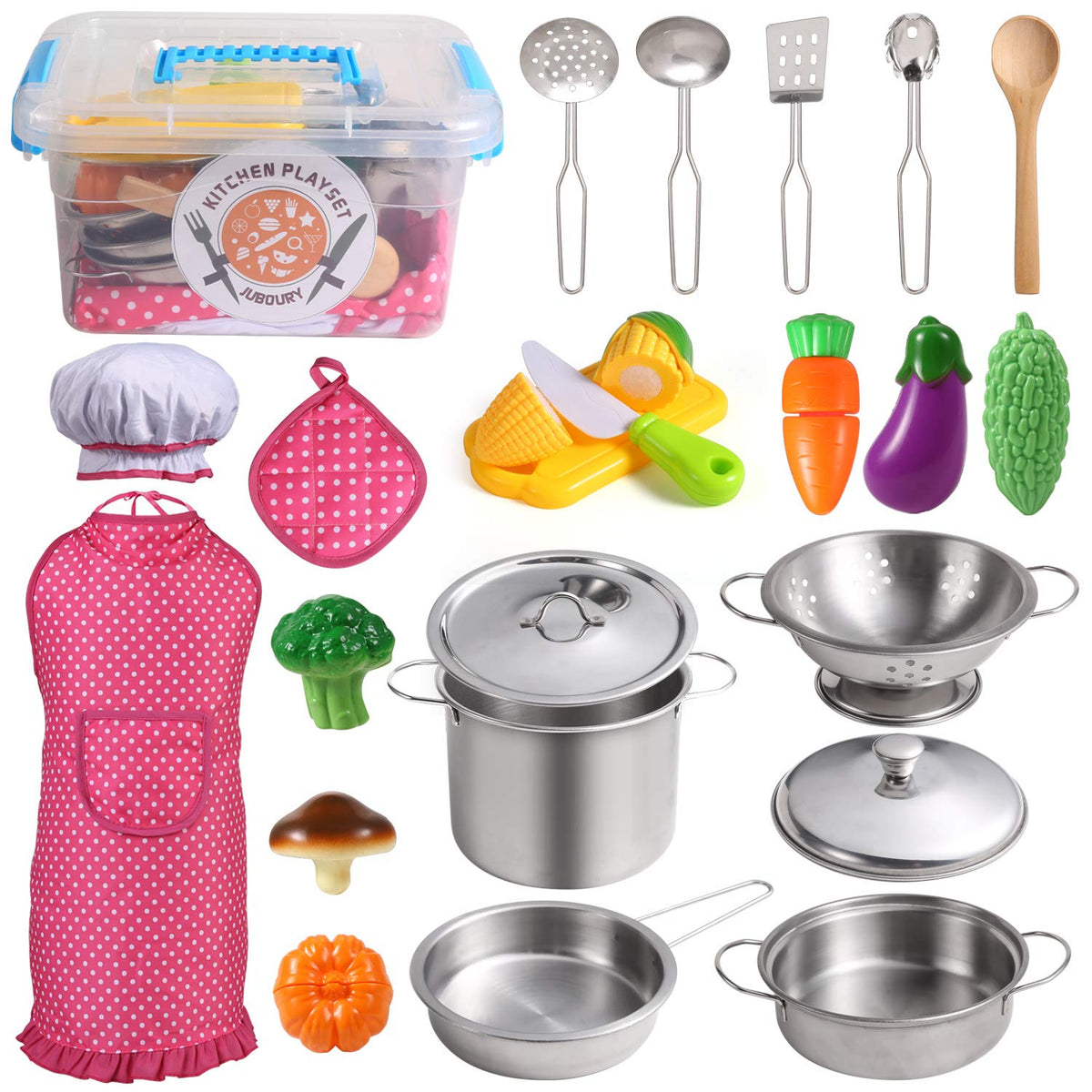 Juboury Kitchen Pretend Play Toys with Stainless Steel Cookware Pots and Pans Set, Cooking Utensils, Apron & Chef Hat, Cutting Vegetables for Kids, Girls, Boys, Toddlers