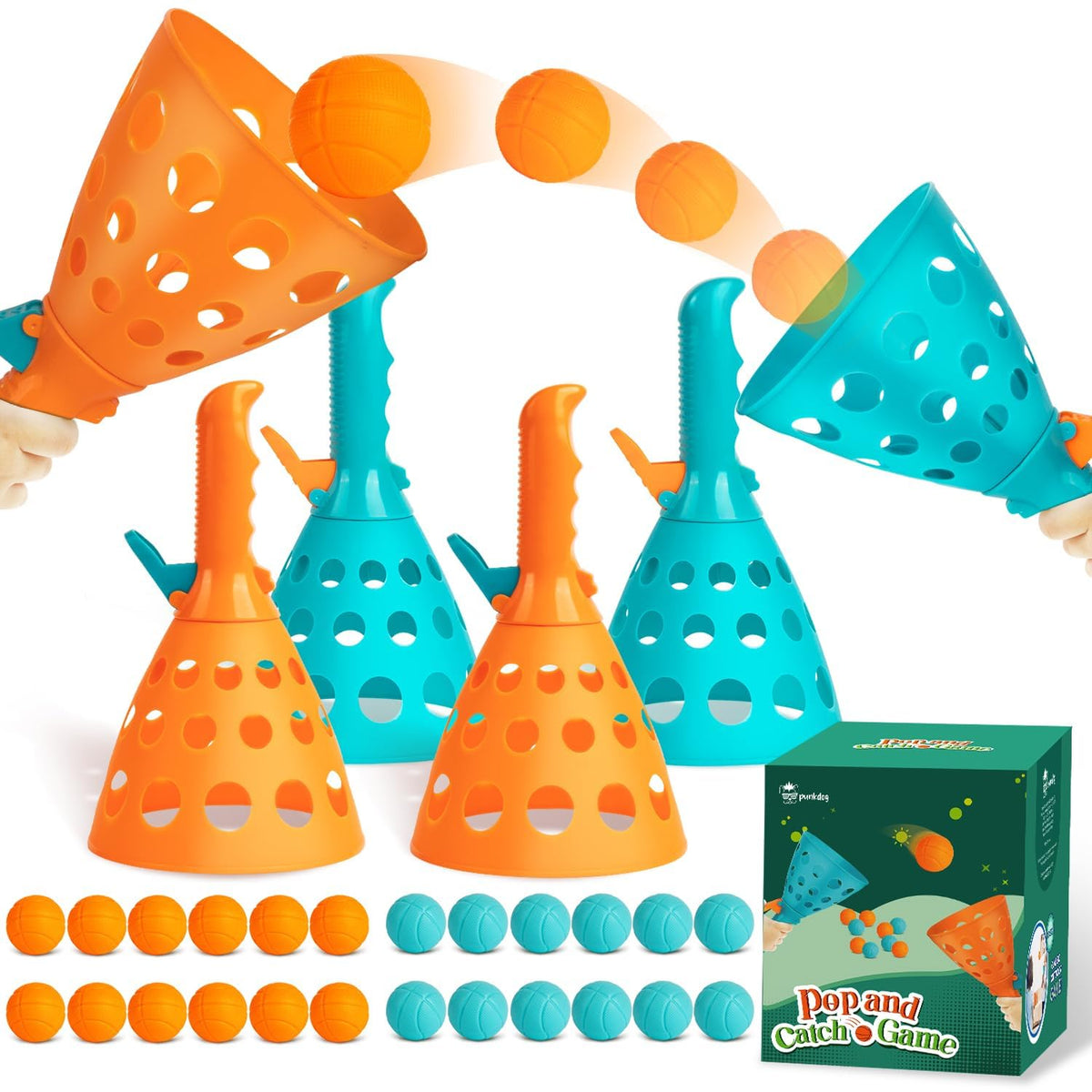 punkdog Pop and Catch Ball Game with 24 Balls and 4 Catch Launcher Baskets - Outdoor Indoor Game Activities, Christmas Easter Gift Beach Sport Summer Beach Toys for Kids Ages 4 5 6 7 8 10 12+