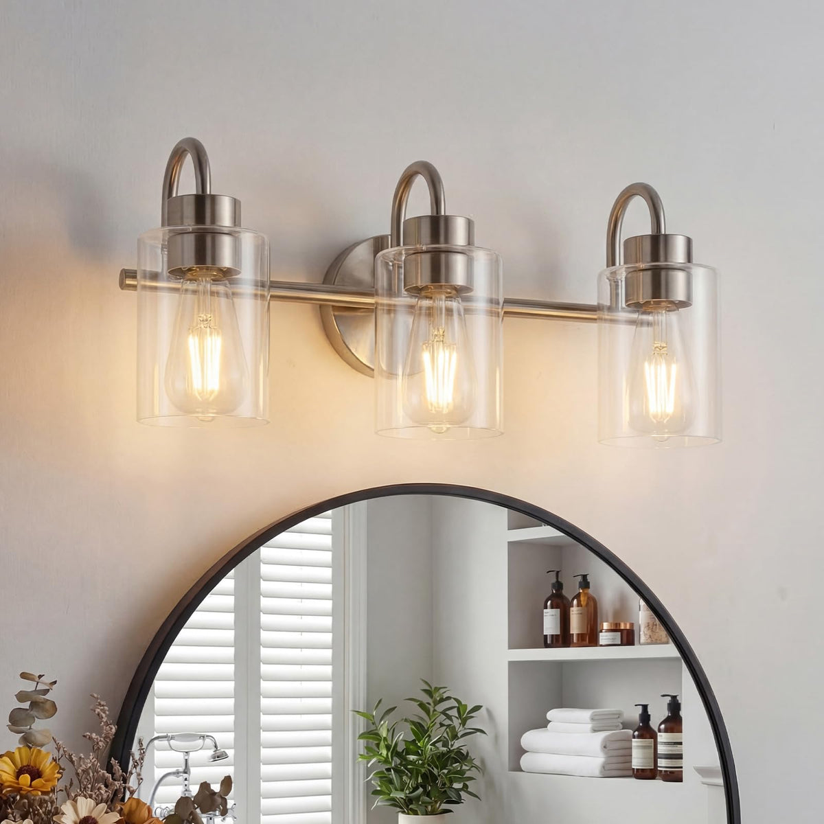 Neutral 3-Light Brushed Nickel Vanity Light - Gooseneck Arm Clear Glass Cylinder Wall Sconce, Modern Industrial Bathroom Lighting for Powder Room & Guest BathroomVART-3-BN(Bulbs Not Included)