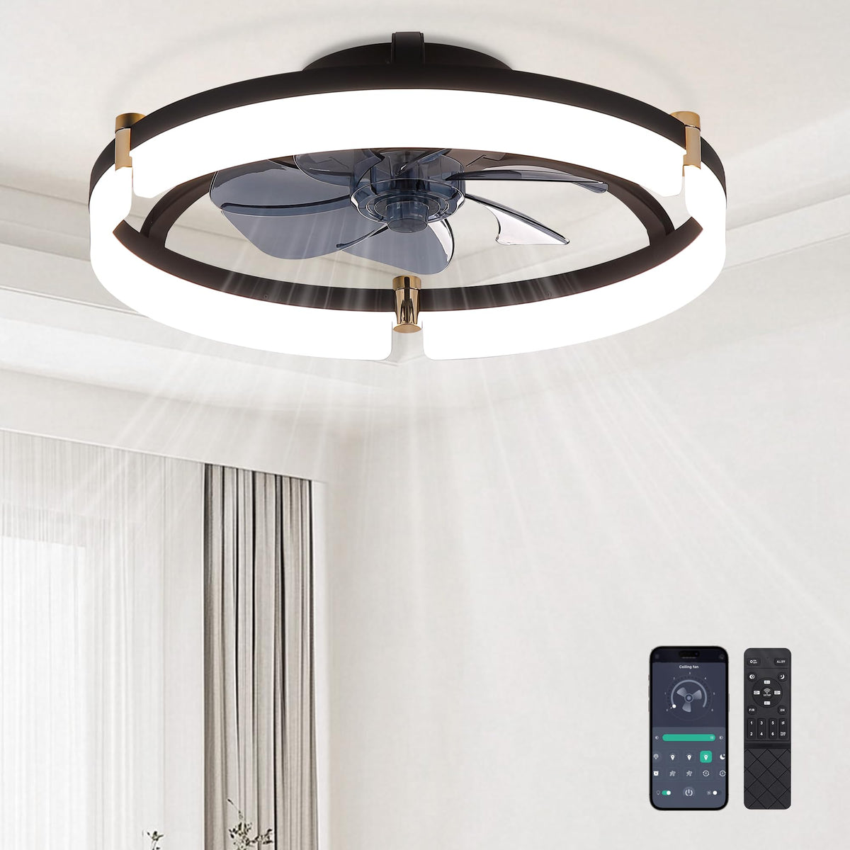 Ceiling Fans with Remote and Lights Fandelier - 20'' Low Profile Flush Mount Modern Black Ceiling Fans for Bedroom - 6 Speeds and Stepless Color Temperature Change