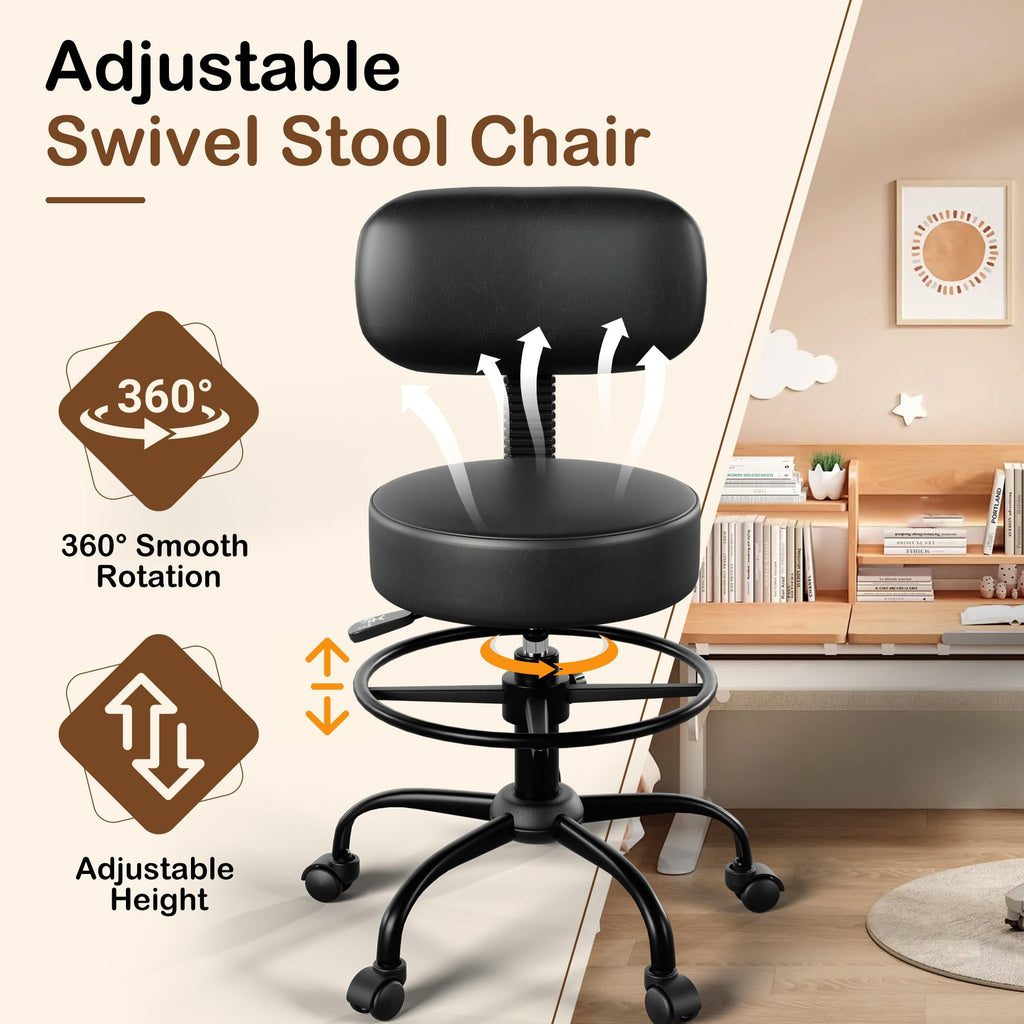 Anunweldo Drafting Chair with Back Support, Adjustable Foot Rest Rolling Stool, 360° Swivel Office Desk Chair with Wheels, Thick Seat Cushion