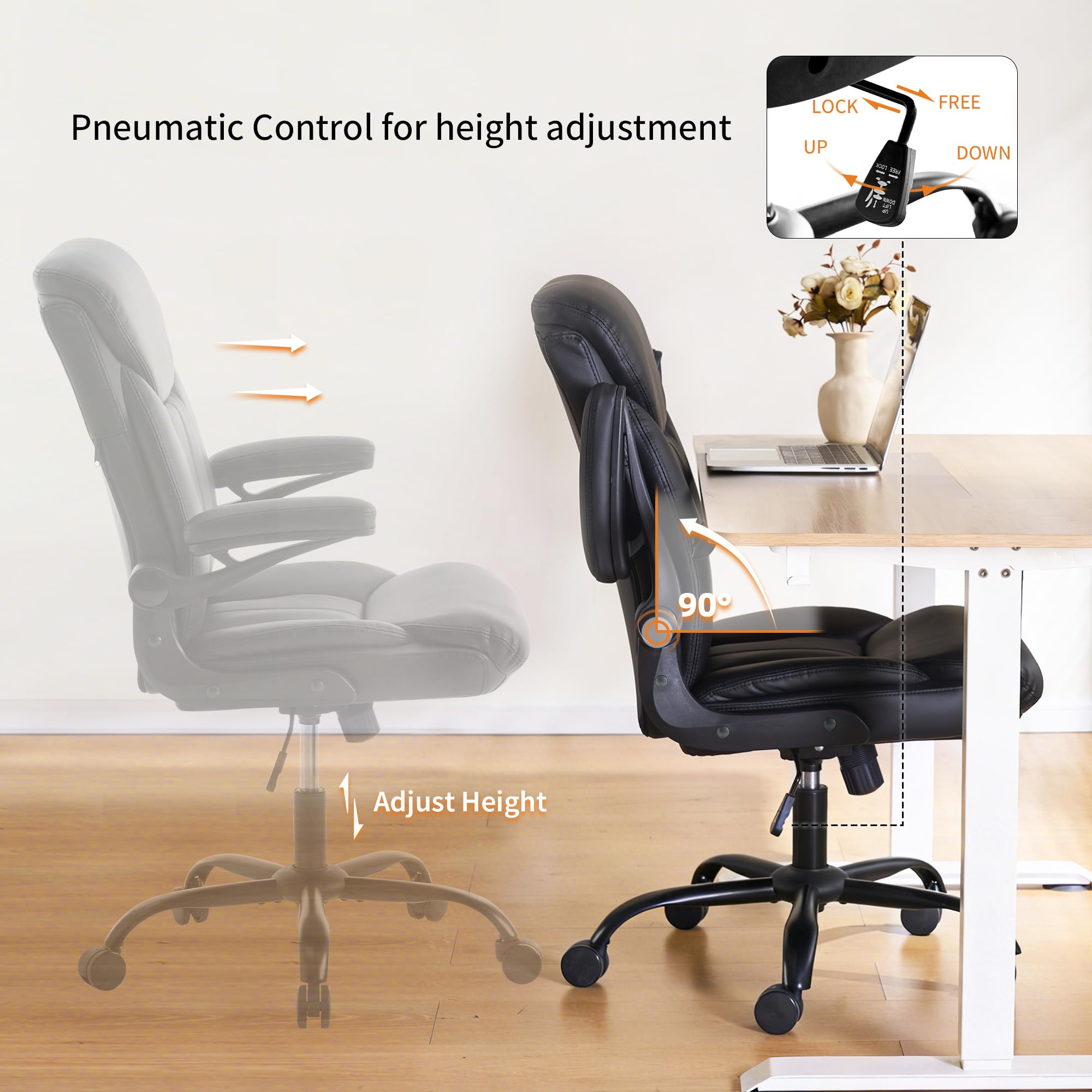 Fmolat Ergonomic Home Office Chair Pu Leather Comfy Computer Chair, Black, 19.7"W x 19.5"D x 39"-42"H