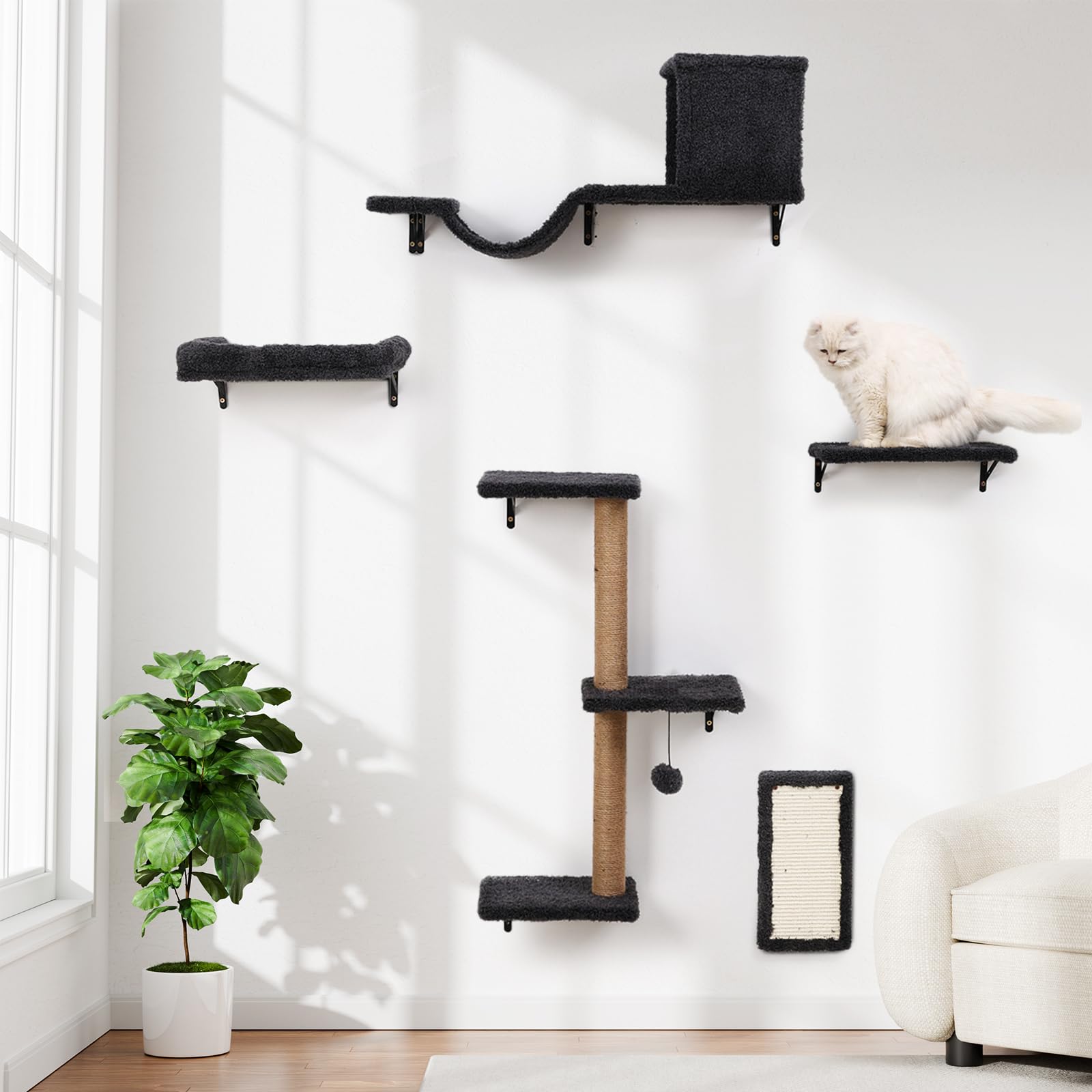 Wall Mounted Cat Shelves Set for Indoor Cats, Solid Wood Wall Furniture with Sisal Scratching Board & Climbing Steps, Space Saving Wall Perch for Large Cats, Modern Floating Shelves