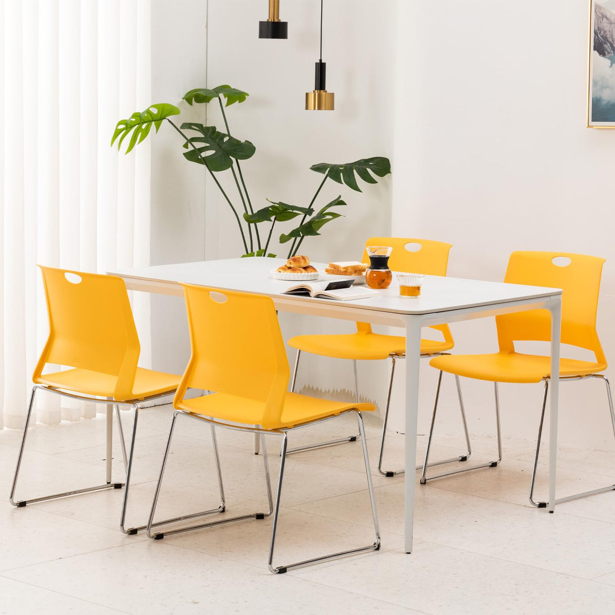 Stackable Chairs Set of 4 for Break Waiting Room Conference Church, Yellow